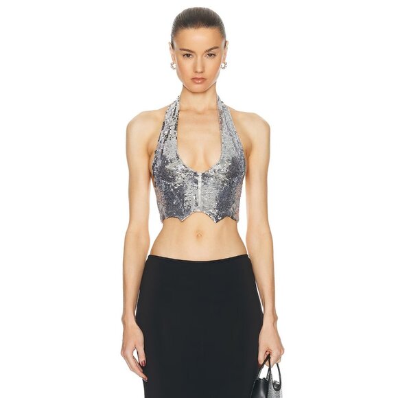 NERVI Eden Sequins Vest Silver Crop Top Embellished